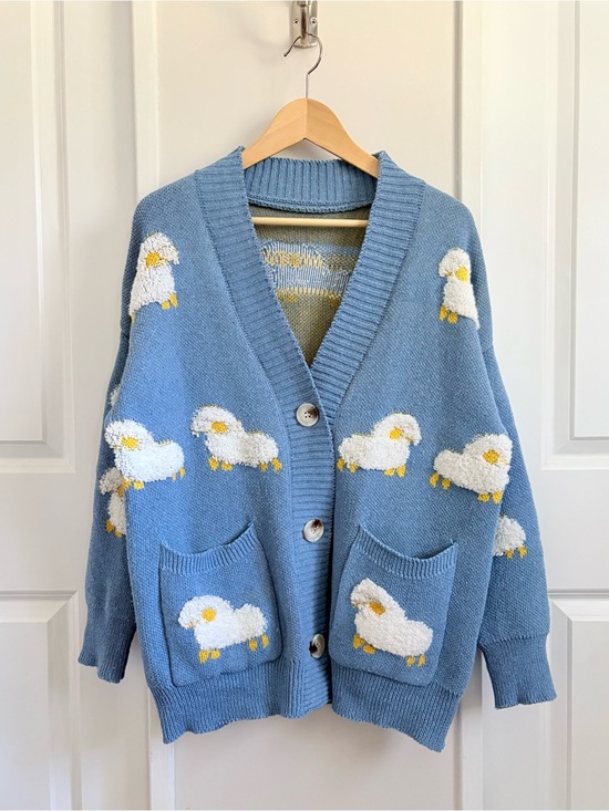 Sweaters - Sheep Novelty Cardigan Blue Oversized Cottagecore